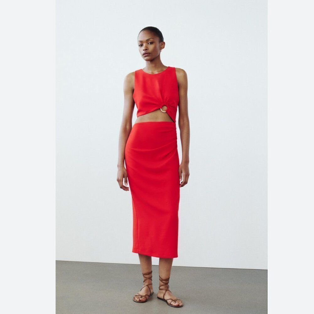 Zara Women Midi Dress M Red Sleeveless Cut Out Sexy Gold Ring 9878/166 NWT